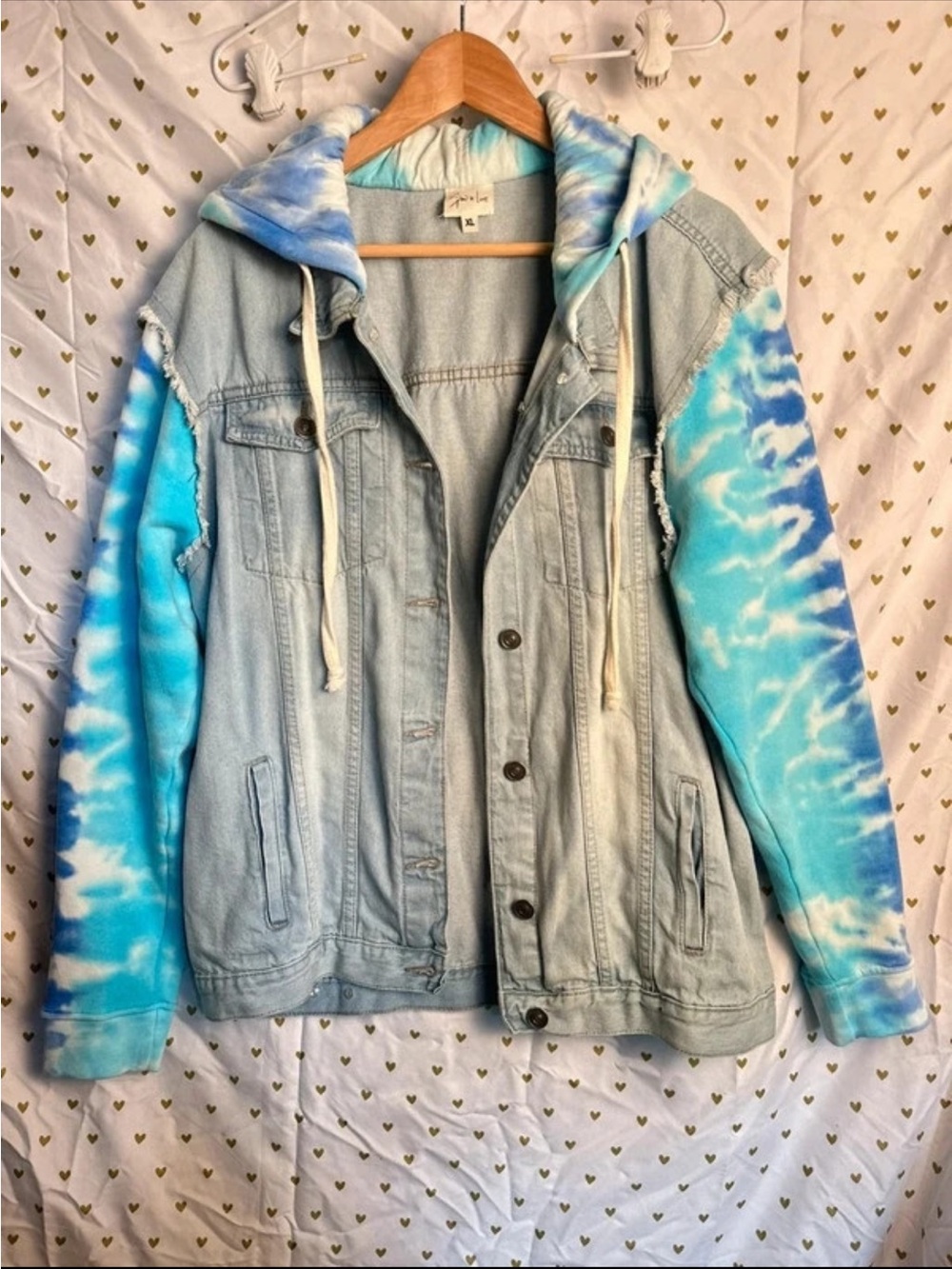 Sew In Love Light Wash Denim Jacket with Blue Tie-Dye Hoodie Sleeves